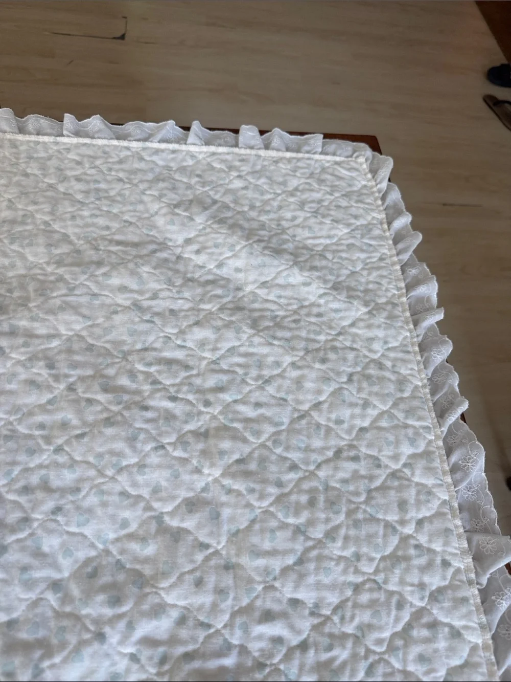 Vintage Yellow Precious Moments Baby Quilt w/ Ruffle Trim approx 45inX35&1/2in
